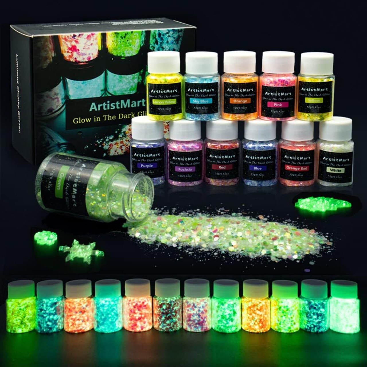 Glow in the Dark Chunky Glitter – 12 Colors, High Luminous Holographic Glitter for Resin, Tumblers, Slime & Cosmetic Use – Face, Body, Nail & Skin Safe (144g)